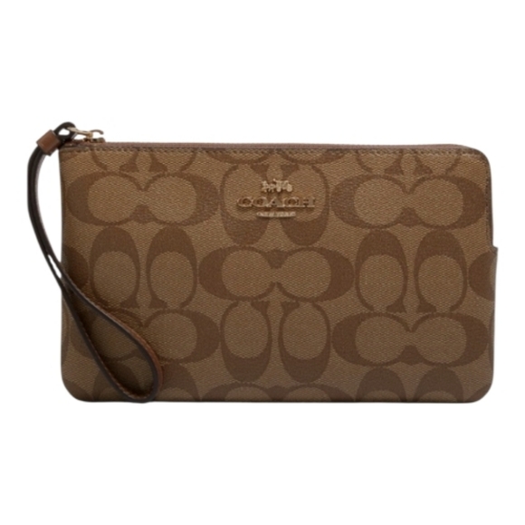 Coach Handbags - Coach Brown Corner Zip With Charm Signature Wristlet
